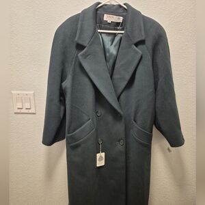 TALBOTS Size 14 P Wool Double Breasted Forest Green Peacoat Full Length Vtg